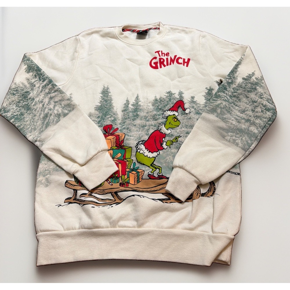 Dr. Seuss Adult Front-and-Back The Grinch Graphic Sweatshirt-Cream Sz XS